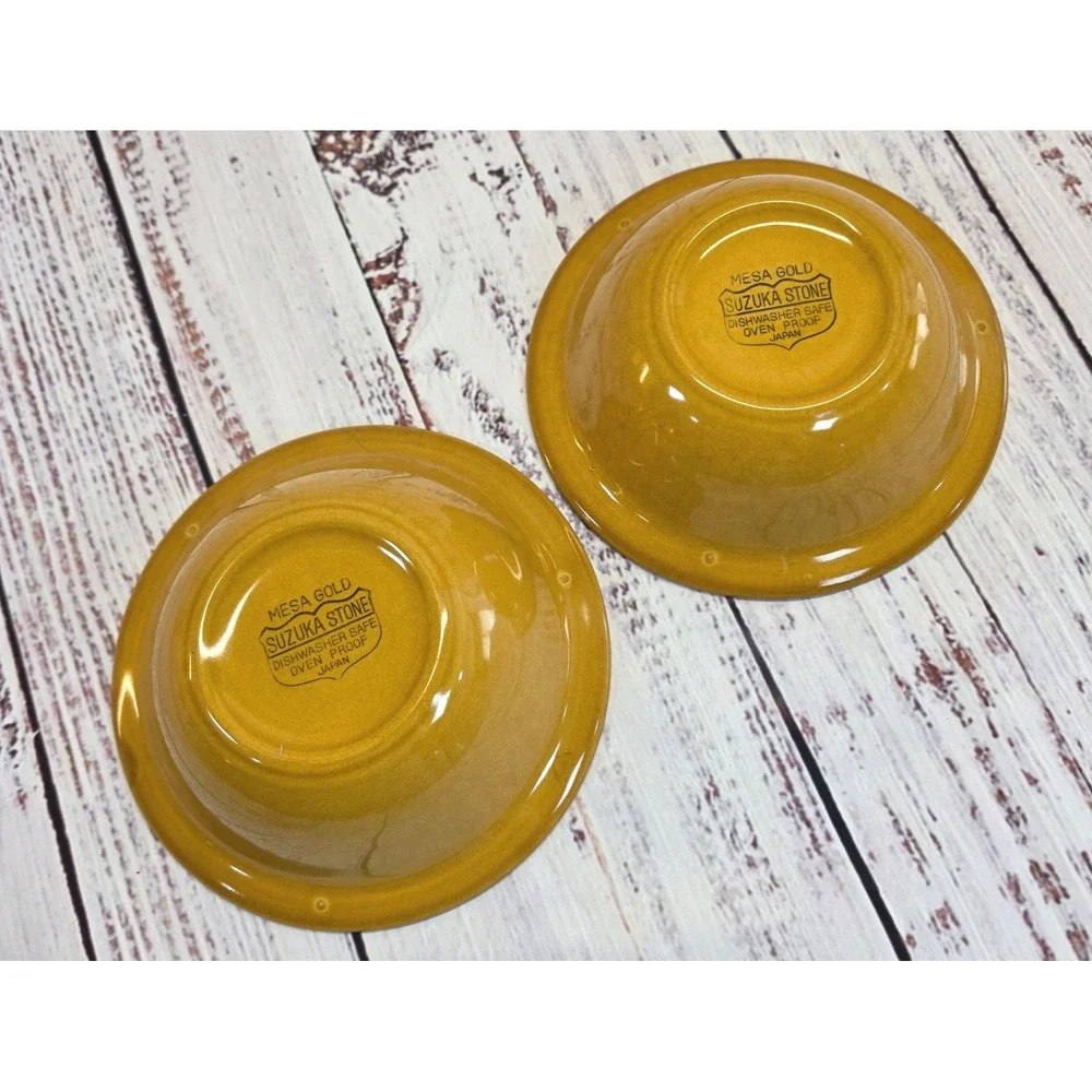Suzuka Stone Mesa Gold Bowls Set of 2 Yellow Excellent MCM Japan Stoneware